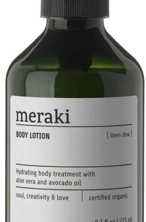 Sort Bodylotion Meraki Linen Dew Økologisk Med Kakaosmør & Avocadoolie Flaske H16 - Meraki Welovebeauty  - 5707644528260