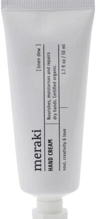 Hvid Håndcreme Meraki Linen Dew Økologisk Cosmos Med Aloe Vera Kakaosmør & Avocadoolie Duft Pebermynte & Patchouli - Meraki Welovebeauty  - 5707644529571